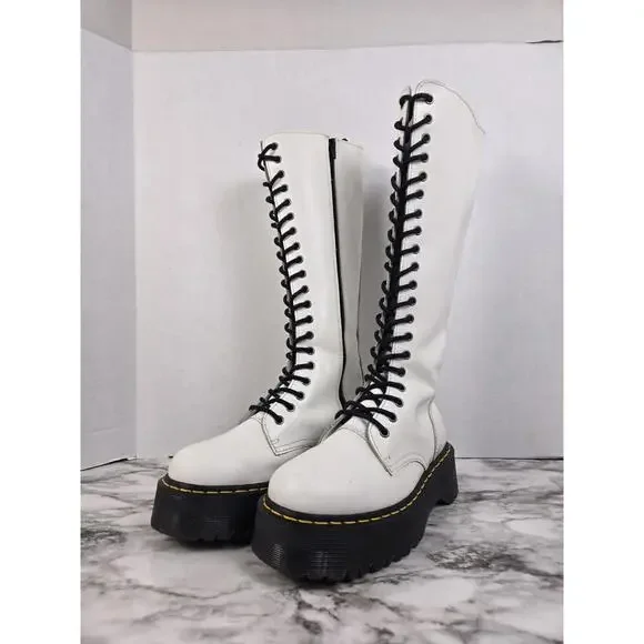 Dr Martens Britain - White 20 Hole Knee High Platform Boots - Womens 8 - Picture 2 of 16
